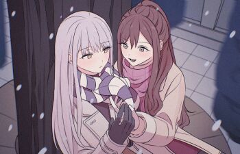 2girls adjusting_another&#039;s_clothes bang_dream! black_gloves black_shirt brown_eyes brown_hair choppy_bangs closed_mouth coat commentary_request cookie_(accountxmix) dot_nose double-parted_bangs expressionless film_grain gloves grey_coat grey_hair hair_over_shoulder hand_up imai_lisa korean_commentary long_hair long_sleeves looking_ahead looking_at_another minato_yukina multiple_girls open_mouth outdoors pink_scarf scarf shirt sitting smile snowing striped_clothes striped_scarf winter winter_clothes yellow_eyes