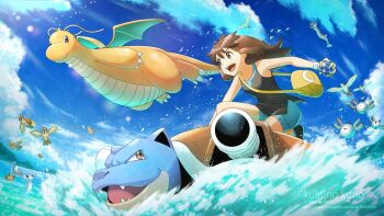Rule 34 | 1girl, artist name, bag, beast ball, bird, black shoes, blastoise, blue shorts, brown eyes, brown hair, closed mouth, cloud, commentary, commentary request, commission, day, dragonite, dratini, english commentary, fangs, fearow, flying, gen 1 pokemon, green (pokemon), gyarados, hair flaps, happy, holding, holding poke ball, kukunokuno, lapras, long hair, magikarp, magnemite, messenger bag, mixed-language commentary, nintendo, ocean, open mouth, outdoors, pidgeot, pidgeotto, pidgey, poke ball, pokemon, pokemon (creature), pokemon evolutions, pokemon lgpe, riding, riding pokemon, shirt, shoes, shorts, shoulder bag, skeb commission, sky, sleeveless, sleeveless shirt, smile, sneakers, spearow, staryu, teeth, twitter username, upper teeth only, watermark, web address, wristband, yellow bag