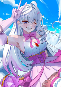 Rule 34 | 1girl, absurdres, ahoge, arm up, armpits, bare shoulders, blue eyes, blue sky, blush, bow, bowtie, breasts, brooch, choker, cleavage, cloud, cloudy sky, commentary, commission, corset, day, detached sleeves, dress, frilled thighhighs, frills, gem, gloves, gradient hair, grey hair, grin, hair ornament, hairclip, highres, jewelry, long hair, looking at viewer, magical girl, medium breasts, multicolored hair, one eye closed, original, outdoors, pink bow, pink bowtie, pink dress, pink gloves, pink hair, pink skirt, purple eyes, red gem, remi (allekusu), skeb commission, skirt, sky, smile, solo, strapless, strapless dress, teeth, thighhighs, v, very long hair, white hair, white thighhighs, zettai ryouiki