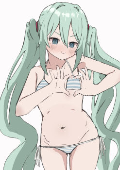 1girl absurdres axys bikini blue_eyes blue_hair blush commentary double-parted_bangs hair_intakes hair_ornament hatsune_miku heart heart_hands highres loli navel sidelocks simple_background smile striped_bikini striped_clothes swimsuit twintails vocaloid white_background