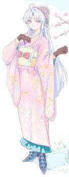 1girl ahoge alternate_costume aqua_eyes black_gloves blush carlotta_(wuthering_waves) closed_mouth clothing_request commentary_request earrings full_body gloves hachikuma_z hairband hand_up highres jewelry long_hair looking_at_viewer parted_bangs pink_hairband smile solo standing very_long_hair wuthering_waves