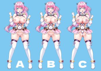 1girl aigan_tenshi_cheery_pink ass bare_shoulders blue_background blue_eyes blush boots breasts center_opening cheery_pink cleavage cleavage_cutout clothing_cutout covered_navel dress elbow_gloves food frontal_wedgie fruit full_body gloves gluteal_fold heart_pasties highres large_breasts legs_apart leotard long_hair looking_at_viewer micro_panties miniskirt nipple_chain nipple_cutout nipples open_mouth panties partially_visible_vulva pasties peach pink_hair pink_panties pink_ribbon pink_skirt pleated_skirt pussy reference_sheet ribbon skindentation skirt sleeveless sleeveless_dress solo standing striped_clothes striped_panties thigh_boots thighhighs thong translation_request underwear upskirt v-mag variations wedgie white_gloves white_thighhighs wind wind_lift