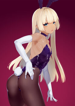 1boy animal_ear_hairband animal_ears ass black_pantyhose blonde_hair blue_eyes blunt_bangs choker commentary dark-skinned_male dark_skin elbow_gloves fake_animal_ears from_behind gloves gradient_background hairband highres long_hair looking_at_viewer original pantyhose playboy_bunny purple_background rabbit_ear_hairband rabbit_ears rabbit_tail simple_background solo tail tawapo trap white_gloves