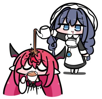 2girls blue_eyes blue_hair cup dress drinking holding holding_cup hololive hololive_english horns irys_(hololive) long_sleeves maid multicolored_hair multiple_girls official_alternate_costume official_alternate_hairstyle open_mouth ouro_kronii ouro_kronii_(maid) pointy_ears purple_hair tea teapot tensutensu two-tone_hair virtual_youtuber white_background