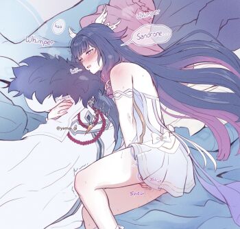 1girl bare_shoulders black_hair blunt_bangs blush bow bright_pupils columbina_(genshin_impact) dress fatui_coat female_masturbation fingering genshin_impact hair_ornament head_wings heavy_breathing hugging_object implied_yuri kaiyamon long_hair lying mask masturbation multicolored_hair multiple_wings on_bed on_side purple_hair purple_streaks pussy_juice smelling smelling_clothes solo sound_effects speech_bubble streaked_hair sweat trembling two-tone_hair unusually_open_eyes unworn_mask very_long_hair white_dress white_pupils white_wings wings