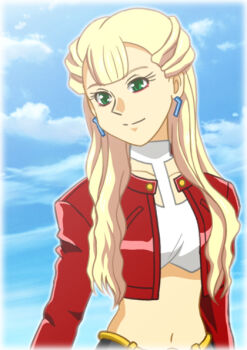 1girl blonde_hair blue_sky bullet/bullet cloud commentary_request day fumihirogezuki green_eyes jacket long_hair long_sleeves looking_to_the_side navel noah_(bullet/bullet) outdoors red_jacket sky solo stomach