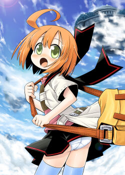 1girl :o ahoge ass atlus bag belt blue_thighhighs blush cloud day dress embarrassed etrian_odyssey female_focus flat_chest floating_island from_behind green_eyes looking_at_viewer looking_back medic_(sekaiju) medic_2_(sekaiju) minami_juujisei open_clothes open_mouth orange_hair outdoors panties pantyshot pleated_skirt sailor_dress satchel short_hair skirt sky solo standing surprised thighhighs underwear upskirt white_panties wind wind_lift