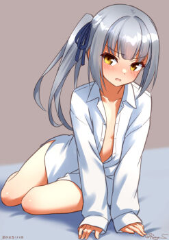 1girl blush brown_eyes dated grey_hair hair_ribbon indoors kantai_collection kasumi_(kancolle) long_hair long_sleeves looking_at_viewer no_bra no_panties on_bed ray.s ribbon shirt side_ponytail signature solo twitter_username