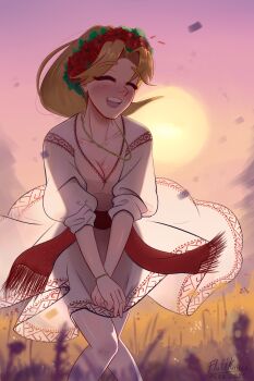 1girl absurdres blonde_hair blush breasts cleavage closed_eyes clothing_request cloud commentary cosplay crossed_knees english_commentary flower fluffkaiser hair_flower hair_ornament head_wreath highres long_hair marilyn_monroe marilyn_monroe_(cosplay) medium_breasts open_mouth original outdoors pantyhose red_sash russia russian_clothes sash sky slavic_clothes smile solo sun sunset teeth tongue upper_teeth_only wheat_field white_pantyhose