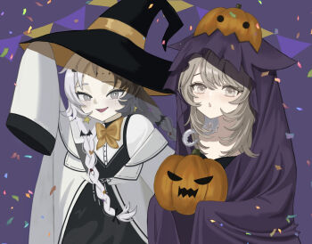 Rule 34 | 2girls, :d, :o, adjusting clothes, adjusting headwear, arm up, balloon party, black hat, black skirt, bow, bowtie, braid, coat, confetti, facial mark, food-themed hair ornament, forehead mark, freckles, grey eyes, grey hair, hair ornament, hat, highres, holding, holding pumpkin, jack-o'-lantern, long hair, low twin braids, mana (t5a1il), multicolored hair, multiple girls, open mouth, overall skirt, poltergeist (reverse:1999), pumpkin, pumpkin hair ornament, purple background, reverse:1999, sheet ghost, shirt, skirt, sleeves past fingers, sleeves past wrists, smile, sparkle facial mark, split-color hair, string of flags, tentacles, twin braids, upper body, white coat, white hair, white shirt, witch hat, yellow bow, yellow bowtie