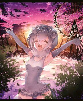1girl animal_ears armpits arms_up breasts closed_eyes commentary_request cowboy_shot elbow_gloves ferris_wheel fingerless_gloves frilled_one-piece_swimsuit frills gloves grey_eyes grey_gloves grey_one-piece_swimsuit kemono_friends medium_breasts one-piece_swimsuit open_mouth otter_ears otter_girl purple_sky shinjitsu_no_kuchi short_hair sky small-clawed_otter_(kemono_friends) smile solo star_(sky) starry_sky sunset swimsuit tree