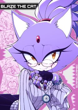 animal_ears bandaid black_gloves blaze_the_cat bracelet brown_eyes cat_ears cat_girl chao_(sonic) character_name closed_mouth cream_the_rabbit fang fingerless_gloves forehead_jewel furry furry_female glasses gloves hand_on_own_chin jewelry lipstick long_eyelashes looking_at_viewer makeup marine_the_raccoon nail_polish necklace ponytail purple_fur ring scrimblocrimbo shirt silver_the_hedgehog sketch skirt smile snout solo_focus sonic_(series) sonic_the_hedgehog sweater upper_body white_shirt