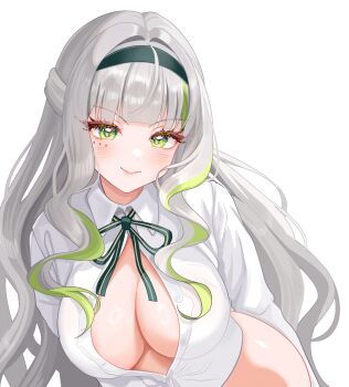 1girl arms_behind_back bibixart blunt_bangs blush bottomless breasts buttons cleavage closed_mouth collared_shirt commentary firenze_(stella_sora) green_eyes green_ribbon green_streaks grey_hair hair_intakes headband highres large_breasts leaning_forward long_hair long_sleeves looking_at_viewer multicolored_hair neck_ribbon partially_open_shirt partially_unbuttoned ribbon shirt simple_background smile solo stella_sora streaked_hair symbol-only_commentary upper_body very_long_hair wavy_hair white_background white_shirt