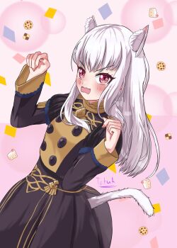1girl animal_ear_fluff animal_ears blush breasts cake cat_ears cat_girl cat_tail claw_pose cookie fire_emblem fire_emblem:_three_houses food garreg_mach_monastery_uniform highres long_hair long_sleeves looking_at_viewer lysithea_von_ordelia nintendo open_mouth pink_eyes small_breasts solo tail tokuh_(toku_h_) white_hair