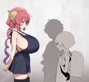 1girl 2boys age_difference apron black_apron black_thighhighs breast_awe breasts closed_mouth deitysexual dragon_horns from_side gradient_hair height_difference highres horns huge_breasts ilulu_(maidragon) impressed kobayashi-san_chi_no_maidragon light_smile long_hair looking_at_breasts multicolored_hair multiple_boys naked_apron no_bra onee-shota pink_hair pointy_ears purple_hair red_eyes shortstack shota sideboob simple_background thighhighs
