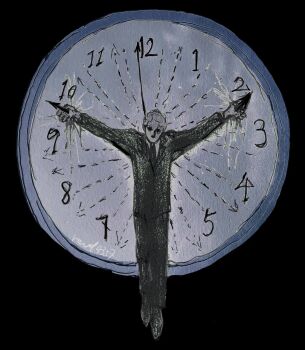 1boy black_jacket black_necktie black_pants black_suit blood clock commentary english_commentary formal_clothes highres jacket male_focus necktie original outstretched_arms pants revol4357 suit