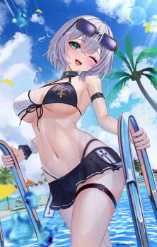 1girl ;d arm_strap bikini bikini_skirt blue_bikini blue_skirt blue_sky breasts cleavage cloud coconut_tree commentary_request crossed_bangs day double-parted_bangs eyewear_on_head front-tie_bikini_top front-tie_top green_eyes grey_hair hair_between_eyes head_tilt high-waist_bikini highres hololive inari_(ambercrown) large_breasts linea_alba looking_at_viewer multicolored_bikini navel official_alternate_costume one_eye_closed open_mouth outdoors palm_tree pool rectangular_eyewear shirogane_noel shirogane_noel_(summer_2020) short_hair skirt sky smile solo stomach sunglasses swimsuit teeth thigh_strap tree two-tone_bikini upper_teeth_only virtual_youtuber wet white_bikini