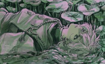 1boy bead_necklace beads earrings expressionless green_theme gunn0808 hanafuda_earrings hashtag-only_commentary heterochromia highres japanese_clothes jewelry kariginu looking_up lying male_focus monochrome murakumo_kagetsu murakumo_kagetsu_(1st_costume) necklace nijisanji on_back short_hair solo upper_body virtual_youtuber water watermark white_hair