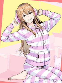 Rule 34 | 1girl, absurdres, arms up, barefoot, bright pupils, brown eyes, drawstring, headphones, highres, hood, hood down, ienaga mugi, jacket, long hair, looking at viewer, loungewear, nijisanji, orange hair, pants, parted lips, shadow, smile, solo, striped clothes, striped jacket, striped pants, tanaka hirotaka, virtual youtuber, white pupils