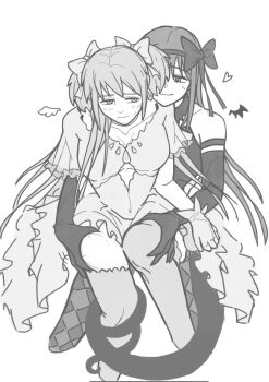 2girls akemi_homura akuma_homura argyle_clothes argyle_thighhighs black_hair black_sleeves blush breasts detached_sleeves dress greyscale heart highres kaname_madoka large_breasts limited_palette lizard_tail long_hair looking_at_viewer looking_to_the_side mahou_shoujo_madoka_magica monochrome multiple_girls rawonireng simple_background sitting sitting_on_lap sitting_on_person smile tail tail_around_another&#039;s_leg tail_wrap ultimate_madoka white_background yuri