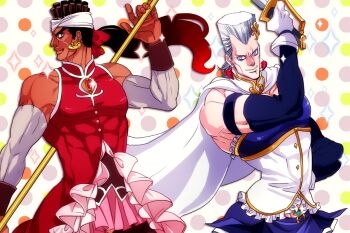 2boys belt black_hair blue_eyes broken_heart cape cosplay crossdressing crossdressing_(mtf) dark-skinned_male dark_skin detached_sleeves earrings flattop fortissimo hair_ornament hairclip heart heart_earrings jean_pierre_polnareff jewelry jojo_no_kimyou_na_bouken long_hair magical_boy mahou_shoujo_madoka_magica mahou_shoujo_madoka_magica_(anime) male_focus miki_sayaka miki_sayaka_(cosplay) miki_sayaka_(magical_girl) mohammed_avdol multiple_boys muscular musical_note musical_note_hair_ornament polearm ponytail profile sakura_kyoko sakura_kyoko_(cosplay) sakura_kyoko_(magical_girl) skirt smile soul_gem spear sword weapon yuriko2755