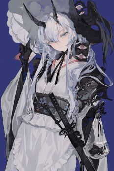 1girl black_horns black_ribbon braid closed_mouth cowboy_shot dress fish frills frown goldfish grandia_lee grey_eyes hair_between_eyes hat highres horns japanese_clothes katana kimono long_hair looking_to_the_side neck_ribbon obi original purple_background purple_nails ribbon sash side_braid simple_background single_braid solo sword weapon white_dress white_kimono