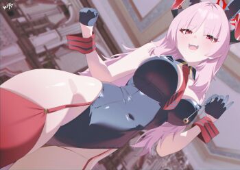 1girl animal_ears bare_shoulders black_gloves black_leotard blue_archive blush breasts brown_eyes cleavage covered_navel detached_collar fake_animal_ears garter_straps gloves halo highleg highleg_leotard highres horns kurozawa_yui large_breasts leotard long_hair looking_at_viewer necktie open_mouth parted_bangs pink_hair playboy_bunny rabbit_ears red_thighhighs satsuki_(blue_archive) smile solo thighhighs wavy_hair wrist_cuffs