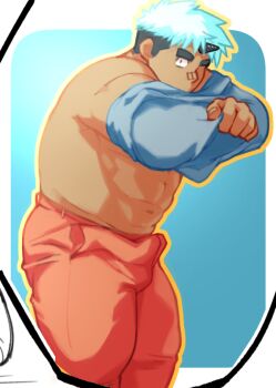 1boy akiha_gongen_(housamo) alternate_costume bandaid bandaid_on_face bandaid_on_nose bara bulge computer constricted_pupils dark-skinned_male dark_skin leaning_forward looking_at_viewer male_focus monitor muscular muscular_male optical_illusion orange_pants pants ragi_san_(ononokomachiimo) shirt_partially_removed sideburns solo strongman_waist thick_thighs thighs tokyo_houkago_summoners undressing white_hair