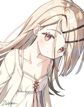 1girl blonde_hair blush breasts camisole cleavage closed_mouth collarbone colored_eyelashes earrings flipped_hair gakuen_idolmaster gradient_hair grey_hair hair_ornament hairclip head_tilt highres idolmaster jewelry long_hair looking_at_viewer multicolored_hair open_clothes open_robe orange_eyes orange_ribbon parallel_hairclips parted_bangs ribbon robe shinosawa_hiro signature simple_background single_off_shoulder small_breasts solo stud_earrings upper_body white_background white_camisole white_robe zoirun