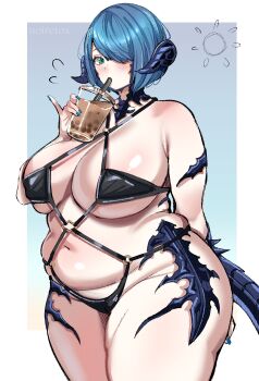 1girl absurdres belly bikini black_bikini blue_nails breasts bubble_tea character_request female_focus final_fantasy final_fantasy_xiv green_eyes hair_over_one_eye highres horns huge_breasts impossible_clothes looking_at_viewer micro_bikini nail_polish navel noiretox o-ring o-ring_bikini plump shiny_skin solo standing swimsuit tail thick_thighs thighs wide_hips