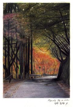 absurdres autumn baden_hiroshi border colored_pencil_(medium) commentary_request day forest guard_rail highres making-of_available nature no_humans original outdoors real_world_location road scenery traditional_media white_border