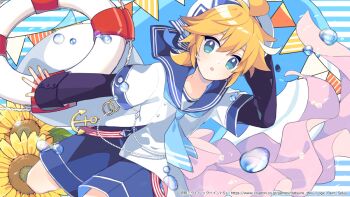 1boy antenna_hair belt bishounen black_sleeves blonde_hair blue_eyes blue_neckerchief blue_sailor_collar blue_shorts bubble buttons commentary_request double-breasted feet_out_of_frame fingernails flower hair_between_eyes hatsune_miku_logic_paint_s innertube kagamine_len leg_up long_sleeves looking_at_viewer neckerchief official_alternate_costume official_art red_belt sailor_collar sailor_shirt shirt short_sleeves shorts solo standing sunflower swim_ring trap vocaloid whale yellow_nails yoshiki