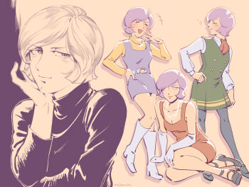 1boy androgynous black_pantyhose blue_dress commentary crossdressing crossdressing_(mtf) dress english_commentary garma_zabi green_dress gundam hand_on_own_hip highres jewelry meloncolle mobile_suit_gundam multiple_views necklace ojou-sama_pose pantyhose purple_hair red_dress shirt solo white_shirt yellow_shirt