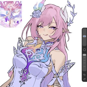 1girl art_program_in_frame artist_name bare_shoulders breasts bunnyoki commentary cyrene_(honkai:_star_rail) cyrene_(ripples_of_past_reverie)_(honkai:_star_rail) diamond-shaped_pupils diamond_(shape) dress earrings english_commentary flower hair_flower hair_ornament highres honkai:_star_rail honkai_(series) jewelry large_breasts licking_lips long_hair pink_hair pointy_ears purple_eyes reference_inset simple_background solo symbol-shaped_pupils tongue tongue_out upper_body very_long_hair white_background white_dress
