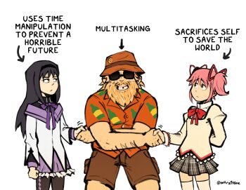1boy 2girls :/ akemi_homura akemi_homura_(magical_girl) arm_behind_back arrow_(symbol) beard beer_print black_hair black_hairband black_skirt blonde_hair bow bowtie brown_shorts bucket_hat commentary cowboy_shot crossover english_commentary english_text facial_hair grin hair_ribbon hairband handshake hat highres juliet_sleeves kaname_madoka kenny_mccormick long_hair long_sleeves looking_at_another looking_up m4rz1t0ne mahou_shoujo_madoka_magica missing_tooth mitakihara_school_uniform multiple_girls orange_hat orange_shirt pink_hair pleated_skirt puffy_sleeves purple_ribbon red_bow red_bowtie red_eyes red_ribbon ribbon school_uniform shirt short_hair short_twintails shorts simple_background skirt smile south_park south_park:_post_covid spoilers sunglasses thighhighs twintails white_background white_thighhighs