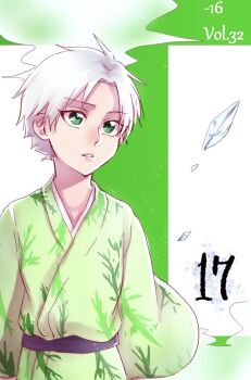 1046sstep_btoh 1boy bleach commentary_request green_eyes green_kimono hitsugaya_toushirou ice japanese_clothes kimono male_focus parted_lips solo upper_body white_hair