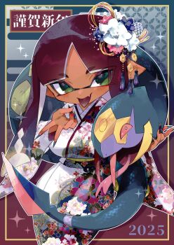 1girl bazumi blonde_hair blush border breasts colored_tongue commentary_request dark-skinned_female dark_skin dated fangs fingernails floral_print floral_print_kimono forked_tongue gen_3_pokemon green_eyes green_hair green_nails green_scales gyaru_v hair_ornament highres inkling inkling_girl inkling_player_character japanese_clothes kanzashi kimono large_breasts long_fingernails looking_at_viewer multicolored_hair nintendo outside_border pokemon pokemon_(creature) print_kimono purple_hair purple_tongue red_eyes seviper sharp_tail snake snake_wrapped_around_body solo splatoon_(series) tongue tongue_out v white_hair white_kimono yellow_border yellow_scales