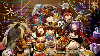 Rule 34 | arika, bird, black hair, brown hair, character request, christmas, closed mouth, dark skin, darun mister, doctrine dark, dog, fighting ex layer, food, garuda (arika), highres, jewelry, long hair, medium hair, multiple boys, multiple girls, official art, official wallpaper, open mouth, ponytail, skullomania, smile, street fighter, street fighter ex (series), technictix, turkey (food)