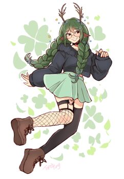 1girl absurdres animal_ears antlers asymmetrical_legwear belt_collar black_hoodie black_thighhighs boots braid brown_boots collar commentary deer_antlers deer_ears deer_girl fishnet_thighhighs fishnets floral_background flower four-leaf_clover_background freckles full_body glasses green_hair green_skirt heart heart_o-ring highres hood hoodie horns long_hair looking_at_viewer o-ring o-ring_garter_belt original round_eyewear signature skirt smile solo symbol-only_commentary thighhighs topsieturvy twin_braids