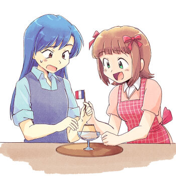Rule 34 | 2girls, :d, amami haruka, apron, blue apron, blue hair, blue shirt, brown eyes, brown hair, checkered apron, checkered clothes, collared shirt, food, french flag, green eyes, idolmaster, idolmaster (classic), kisaragi chihaya, long hair, looking at food, multiple girls, open mouth, pudding, red apron, shirt, short hair, short sleeves, simple background, smile, standing, sweatdrop, tsubobot, white background