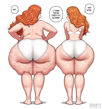 2girls artist_name ass bra cellulite dated english_text fat fellatrix from_behind full_body highres long_hair mary_lou_(fellatrix) mother_and_daughter multiple_girls orange_hair original panties peggie_sue_(fellatrix) simple_background speech_bubble thick_thighs thighs underwear watermark web_address white_background white_bra white_panties