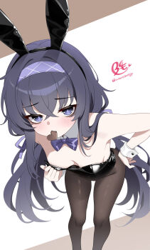 Rule 34 | 1girl, animal ear hairband, animal ears, artist name, bags under eyes, black leotard, black pantyhose, blue archive, bow, bowtie, breasts, candy, chocolate, chocolate heart, commentary request, detached collar, downblouse, fake animal ears, fake tail, food, food in mouth, foot out of frame, hair between eyes, hair ribbon, hairband, heart, heart-shaped food, highleg, highleg leotard, highres, leaning forward, leotard, light blush, long hair, looking at viewer, low twintails, no halo, pantyhose, playboy bunny, purple bow, purple bowtie, purple eyes, purple hair, purple hairband, purple ribbon, rabbit ear hairband, rabbit ears, rabbit tail, ribbon, signature, small breasts, solo, strapless, strapless leotard, tail, twintails, twitter username, ui (blue archive), umou (may65879), white wrist cuffs, wrist cuffs