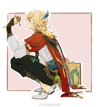 1boy blonde_hair cape genshin_impact kaveh_(genshin_impact) key long_hair panties red_cape red_eyes richu_de_xiao_taiyang shoes solo underwear white_shoes