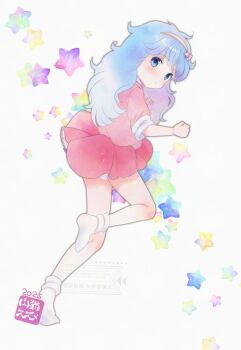 1girl arm_up ass blue_eyes blue_hair blush commentary_request feet from_behind hairband highres kneepits leg_up legs loli long_hair looking_back mahou_no_yousei_persia miniskirt no_shoes panties panty_peek persia_(mahou_no_yousei_persia) pink_shirt pink_skirt shirt skirt socks soles solo standing standing_on_one_leg thighs underwear white_panties white_socks yamaneko_suzume yellow_hairband