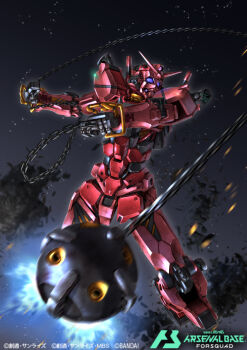 asteroid ball_and_chain_(weapon) bandai battle blurry blurry_foreground commentary_request copyright_notice debris extra_eyes gundam gundam_arsenal_base gundam_gquuuuuux logo machinery mecha mecha_focus mobile_suit motion_blur no_humans official_art purple_eyes realistic red_gundam robot science_fiction soezy space spiked_ball_and_chain title v-fin weapon yamashita_ikuto_(style) zeon zero_gravity