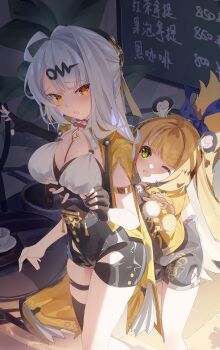 2girls absurdres animal_ears black_bra black_gloves black_shorts black_thighhighs blue_bow boqee bow bra breasts cleavage elbow_gloves fang fingerless_gloves gloves green_eyes highres hug hug_from_behind jacket ju_fufu large_breasts looking_at_viewer multiple_girls one_eye_closed open_mouth shirt short_shorts shorts skin_fang smile tail tail_bow tail_ornament thigh_strap thighhighs tiger_ears tiger_girl tiger_tail underwear white_shirt yellow_jacket yixuan_(zenless_zone_zero) zenless_zone_zero