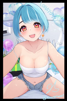 1girl air_conditioner balloon black_border blue_hair blush border breasts camisole cleavage collarbone commentary_request cutoffs denim denim_shorts diamond_earrings earrings gradient_hair heart_balloon highres indoors jewelry leaning_forward looking_at_viewer medium_breasts midriff miramira1908 multicolored_hair navel open_clothes open_mouth open_shorts red_eyes shiranami_ramune shiranami_ramune_(4th_costume) short_hair shorts single_earring smile solo spaghetti_strap spread_legs straddling strap_slip streaked_hair swept_bangs thighs twitter_username virtual_youtuber vspo! white_camisole white_hair