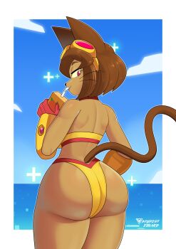 1girl absurdres alternate_costume animal_ears artist_name ass bikini brown_hair byghosteduard cat_ears cat_girl cat_tail curvy dark-skinned_female dark_skin drink_carton drinking furry furry_female gameoverse gauntlets goggles goggles_on_head healing highleg highleg_bikini highres huge_ass juice_box kit_bodega looking_at_viewer looking_back multicolored_bikini ocean official_alternate_costume plus_sign red_bikini red_eyes short_hair swimsuit tail thick_thighs thighs thong thong_bikini two-tone_bikini whiskers wide_hips yellow_bikini yellow_gauntlets
