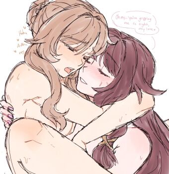 Rule 34 | 2girls, arms around neck, bare shoulders, black hair, blue eyes, blush, braid, braided bun, breasts, brown hair, bun with braided base, closed eyes, columbina (genshin impact), commentary, completely nude, convenient hair, dashingicecream, english commentary, english text, feet out of frame, genshin impact, hair bun, hair flaps, hair ribbon, happy sex, heart, hug, knees up, leg lock, long hair, long sidelocks, multicolored hair, multiple girls, nail polish, nude, open mouth, purple hair, ribbon, sandrone (genshin impact), sex, short hair, short hair with long locks, sidelocks, smile, speech bubble, spread legs, straddling, streaked hair, suspended congress, sweat, tongue, tongue out, two-tone hair, upright straddle, yuri