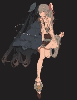 1girl aqua_eyes aqua_hair black_background closed_mouth commentary_request detached_sleeves dress flower full_body gradient_hair hair_between_eyes hair_flower hair_ornament hatsune_miku high_heels highres long_hair long_sleeves looking_at_viewer low-tied_long_hair magical_mirai_(vocaloid) magical_mirai_miku magical_mirai_miku_(2021) medallion multicolored_hair note_nii official_alternate_costume official_alternate_hairstyle pink_hair pumps simple_background smile socks solo twintails very_long_hair vocaloid white_dress white_socks